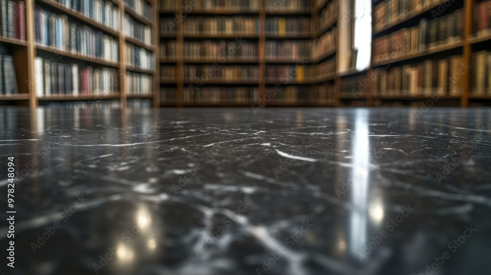 Poster a close-up view of a polished floor in a library with bookshelves in the background.