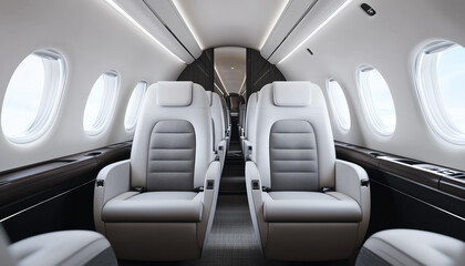 Luxurious interior of a private jet featuring spacious, modern seating and ample natural light from large windows.