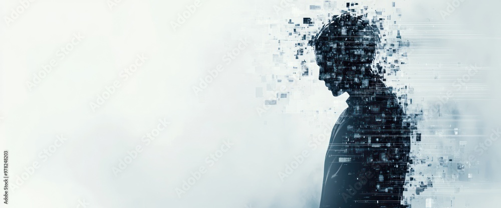 Poster a fragmented silhouette representing the intersection of technology and identity.