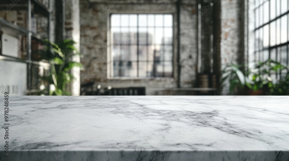 Poster A marble countertop in an industrial-style interior with large windows and greenery.