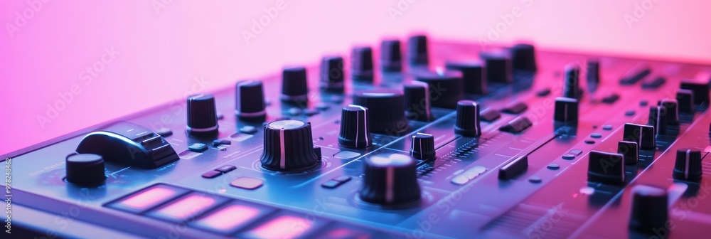 Poster A close-up of a music synthesizer with various knobs and buttons, illuminated in vibrant colors.