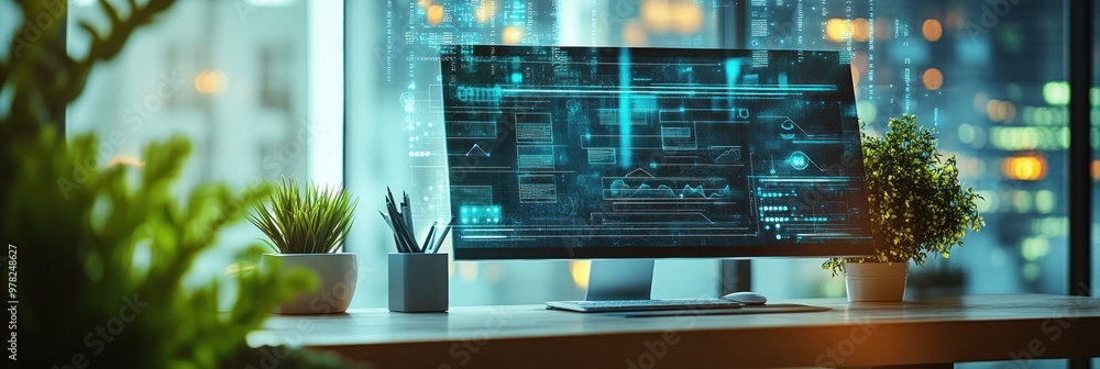 Poster a modern workspace featuring a computer displaying digital data against a city backdrop.