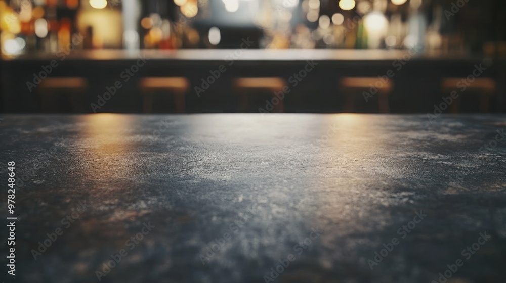 Poster a blurred view of a bar counter with soft lighting in the background.