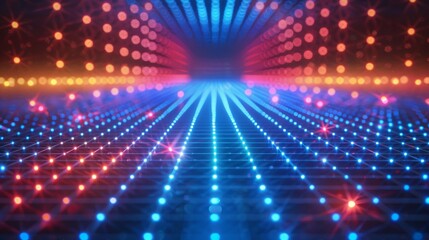 Fototapeta premium Digital grid background with interconnected points and blue neon lines