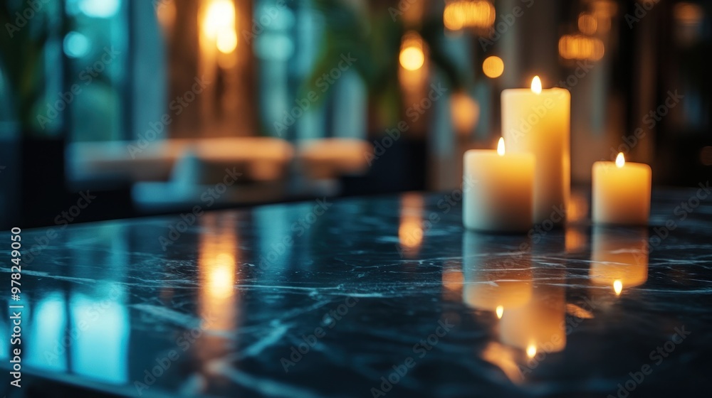 Wall mural A serene setting with candles on a dark marble table, creating a cozy atmosphere.