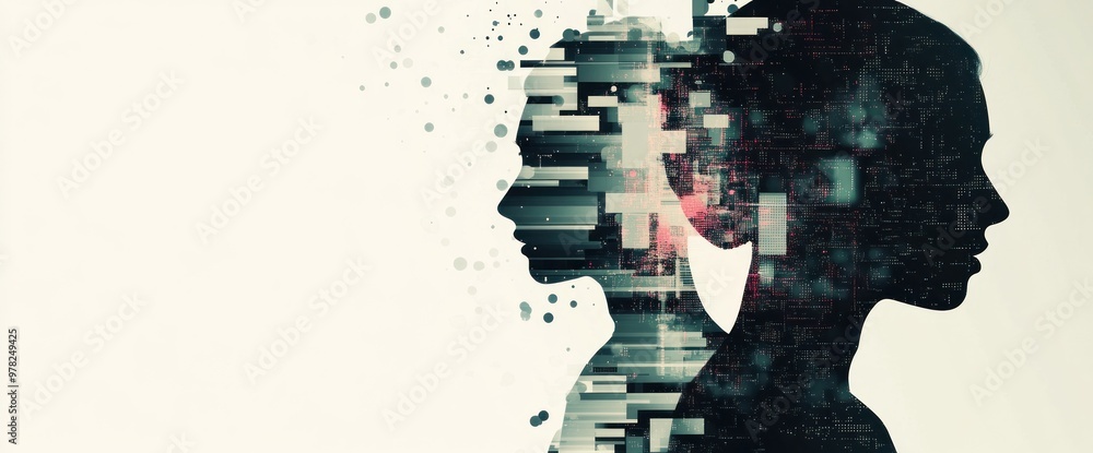 Poster abstract representation of two profiles with digital distortion effects.