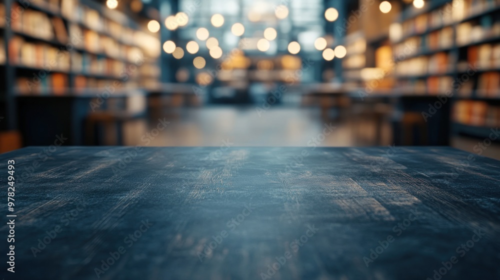 Poster a blurred library background with a focus on a wooden table surface in the foreground.