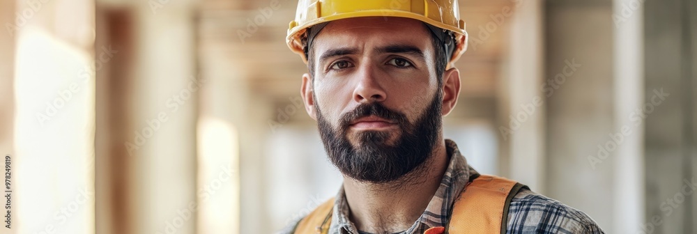 Poster a construction worker in a hard hat, showing determination in a building site environment.