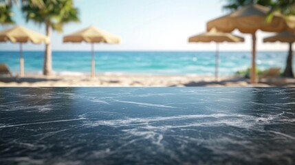 Obraz premium A serene beach view with umbrellas and ocean in the background, seen from a dark surface.