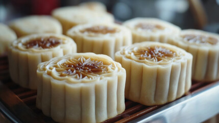 Delicious mooncakes with lotus seed paste filling are beautifully arranged