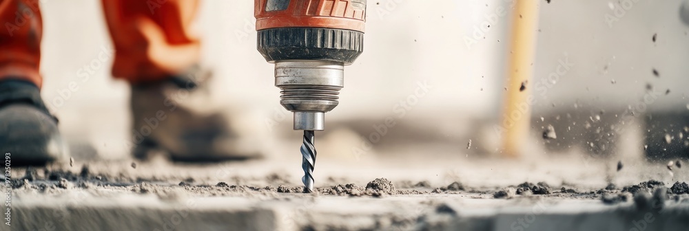 Poster a close-up of a drill bit in action on a construction site, showing dust and movement.