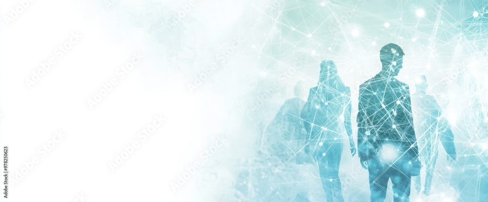 Poster abstract representation of people amidst a digital network, symbolizing connection and technology.