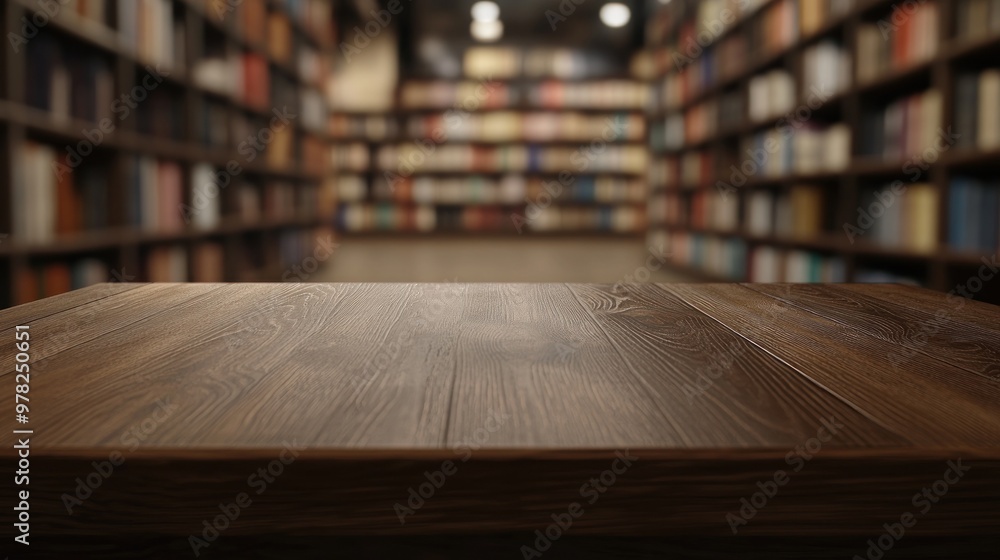 Poster a wooden table in a library setting with blurred bookshelves in the background.