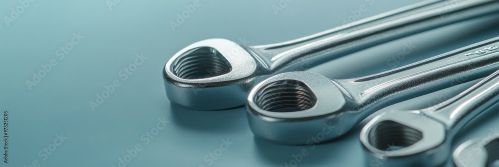 Poster three metallic wrenches arranged on a smooth surface, showcasing their design and function.
