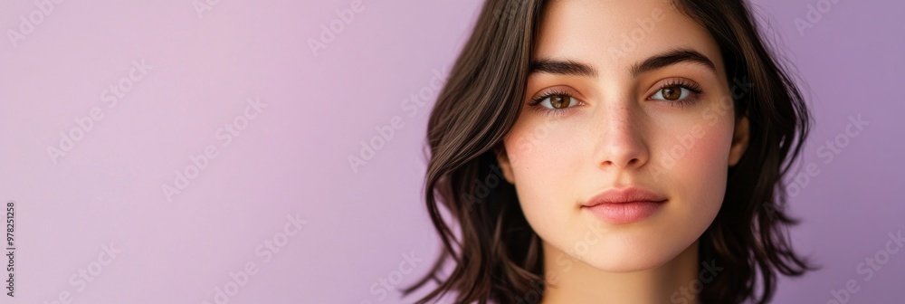 Sticker A close-up portrait of a young woman against a soft purple background.