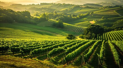 Naklejka premium The sun rises over a lush, green vineyard