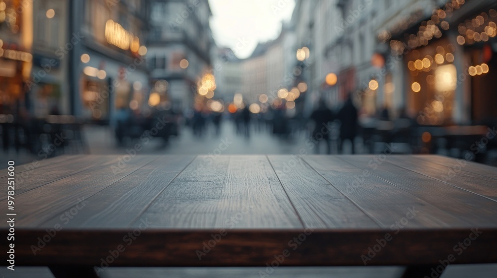 Canvas Prints A wooden table in focus with a blurred street scene and people in the background.