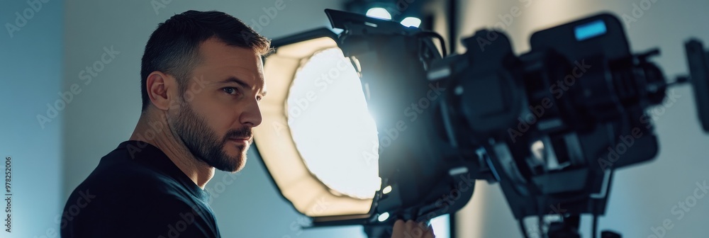 Poster a man operates a camera while illuminated by a bright light source.
