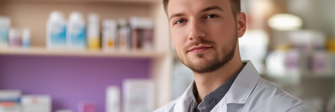 A confident young man in a lab coat stands in a pharmacy, showcasing a professional demeanor.