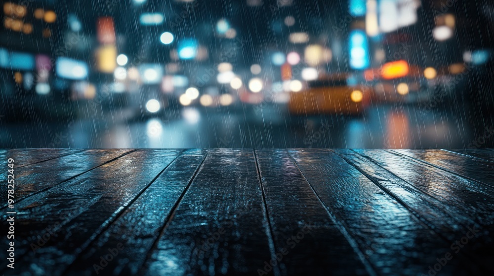 Wall mural A rainy cityscape with blurred lights and a wet wooden surface in the foreground.