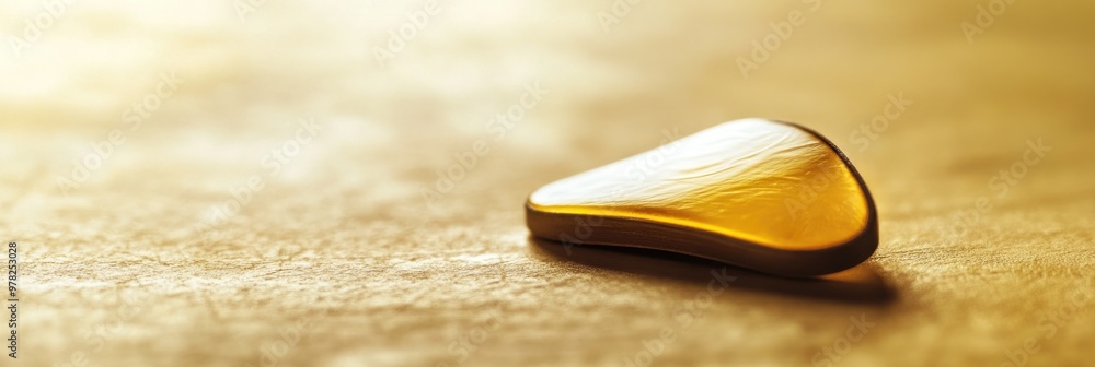 Poster a close-up of a smooth, amber-colored object on a textured surface.