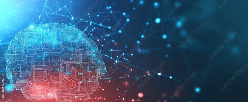 Poster abstract representation of a brain with digital connections and data visualization.