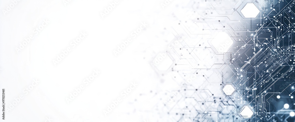 Poster abstract digital design with circuit patterns and geometric shapes.