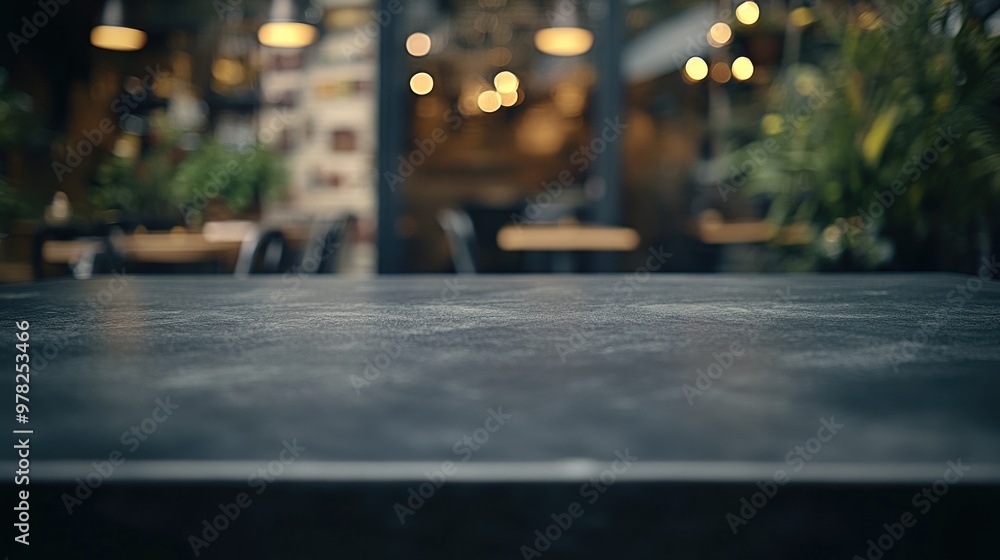 Poster a blurred view of a table in a cozy café setting with ambient lighting.