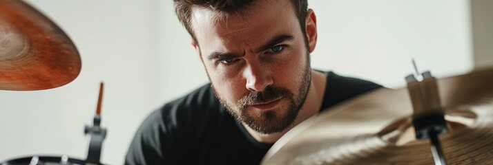 A focused drummer plays a cymbal in a bright indoor setting.