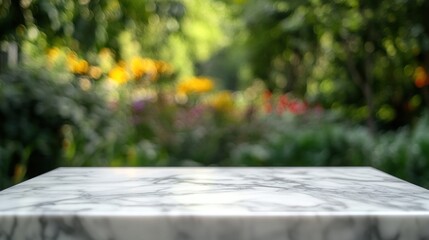Naklejka premium A blurred garden scene with a marble tabletop in focus, suggesting a serene outdoor setting.