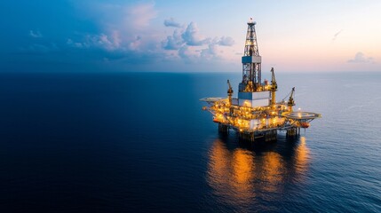 A stunning view of an offshore oil rig illuminated against a vibrant sunset, showcasing advanced oil extraction technology.