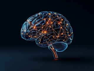 A stylized 3D rendering of the human brain with glowing neural connections.
