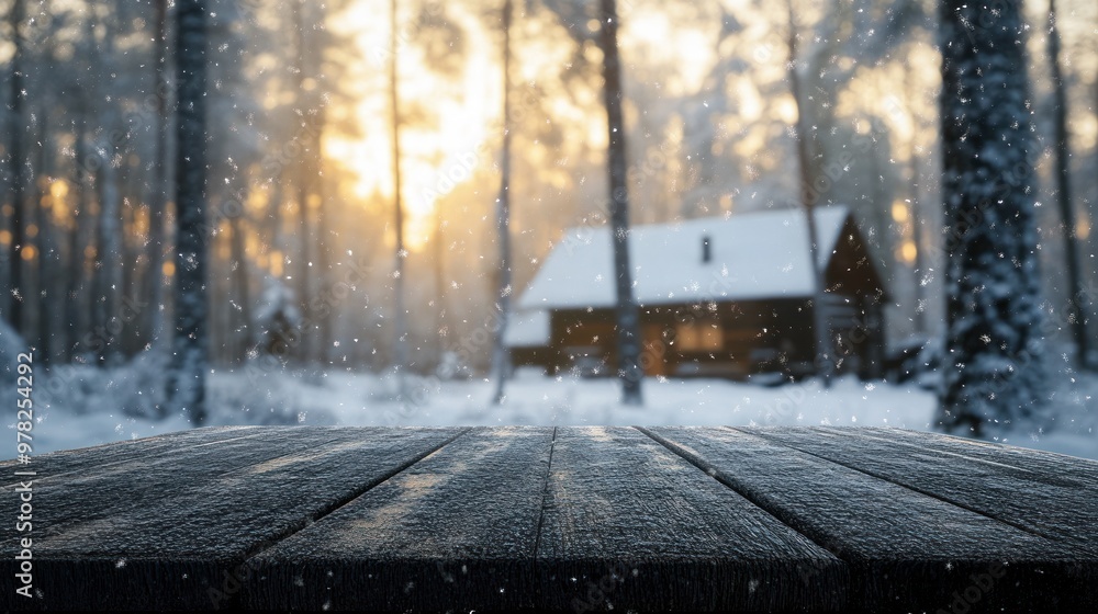 Poster A serene winter scene featuring a cabin in a snowy forest at sunrise.