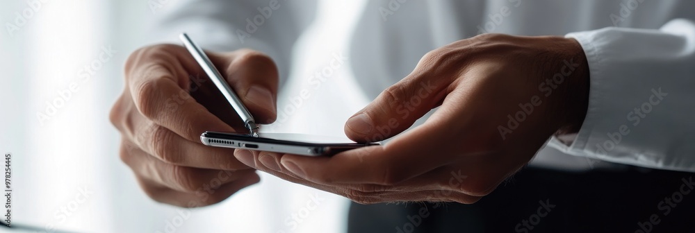 Poster a person using a smartphone with a stylus, indicating a business or tech-related activity.