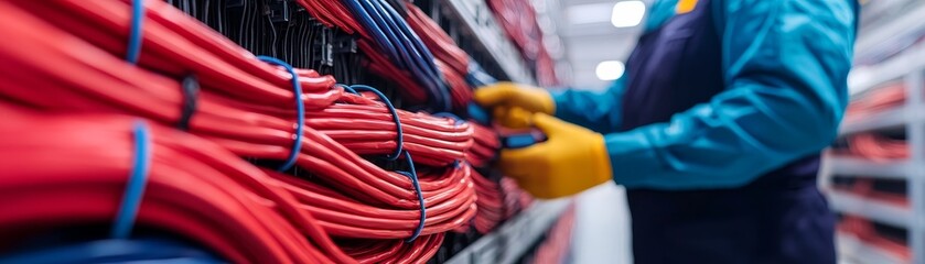 A technician working with a large bundle of colorful cables in a server room.