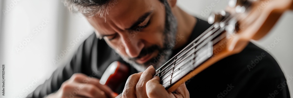 Poster A man playing an acoustic guitar, deeply focused on his music.