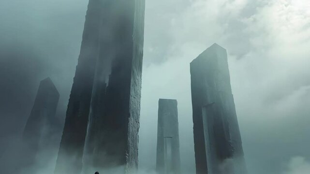 Mysterious Figure in Cloak Standing in Foggy Alien Landscape with Monumental Stone Structures 8K Wallpaper High-resolution