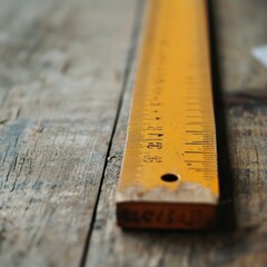A close-up of a yellow ruler lying on a wooden surface, showcasing measurement markings.