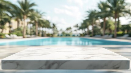 Fototapeta premium A marble table in focus with a pool and palm trees in the background, suggesting leisure.