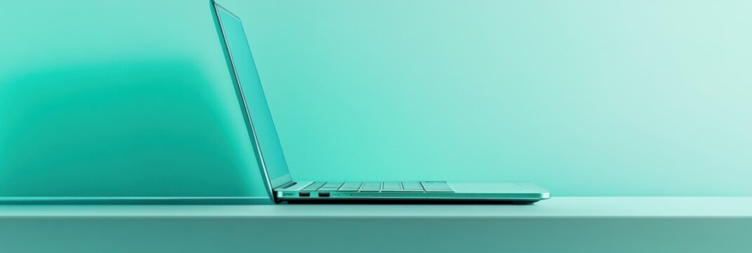 A sleek laptop positioned on a minimalistic surface with a calming teal background.