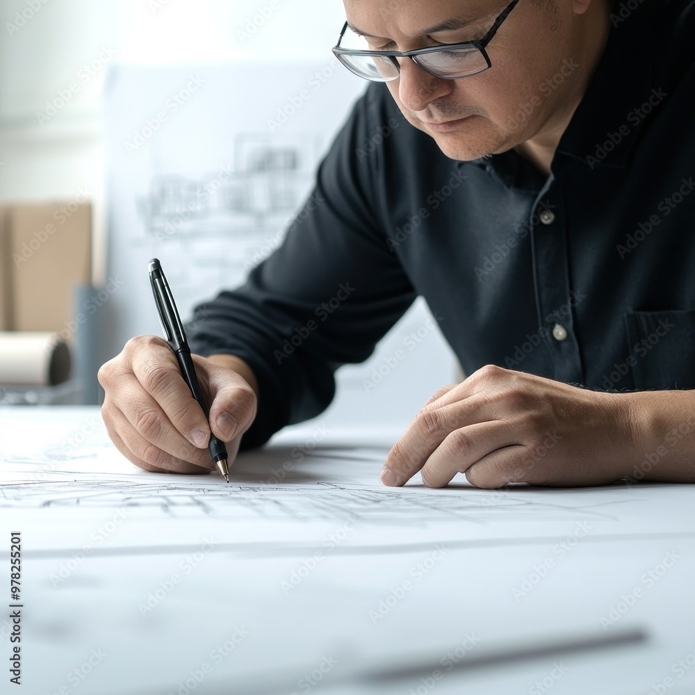 Wall mural A focused individual sketching designs on paper in a creative workspace.