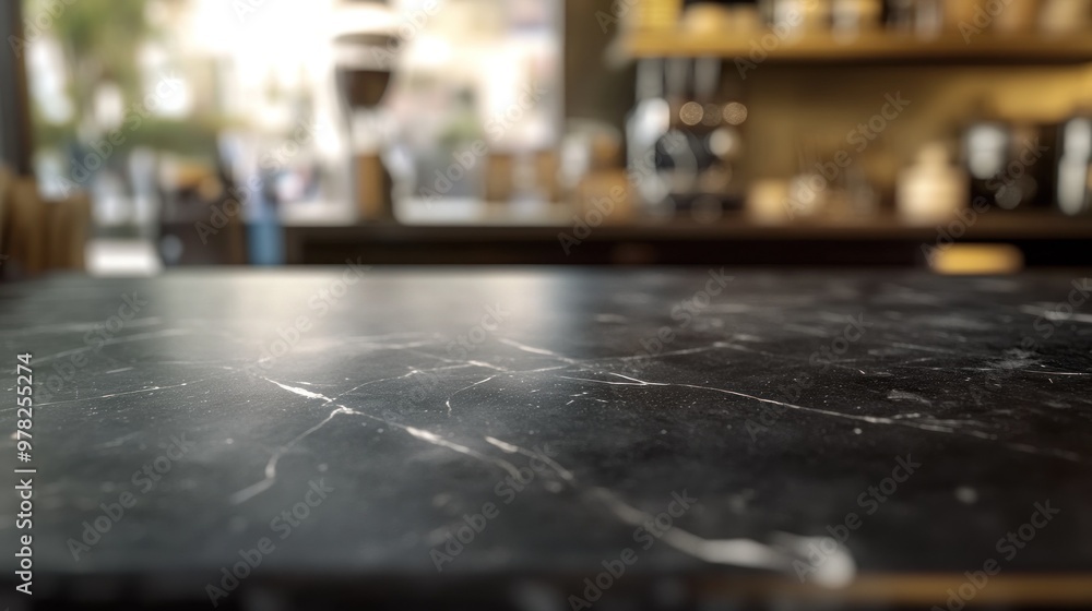 Poster A close-up view of a dark marble countertop in a café setting.