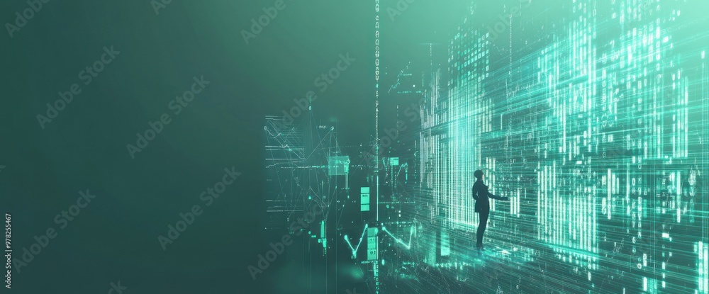 Poster a futuristic scene depicting a person interacting with digital data and technology.