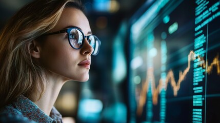 Focused woman analyzing data on a large screen in a high-tech office