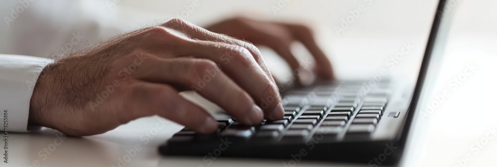 Poster a close-up of a hand typing on a laptop keyboard in a work environment.