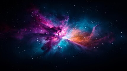 A vibrant nebula with pink, blue, and orange hues against a dark starry sky.