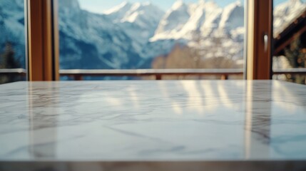 A marble table in focus, with a blurred mountain landscape in the background.