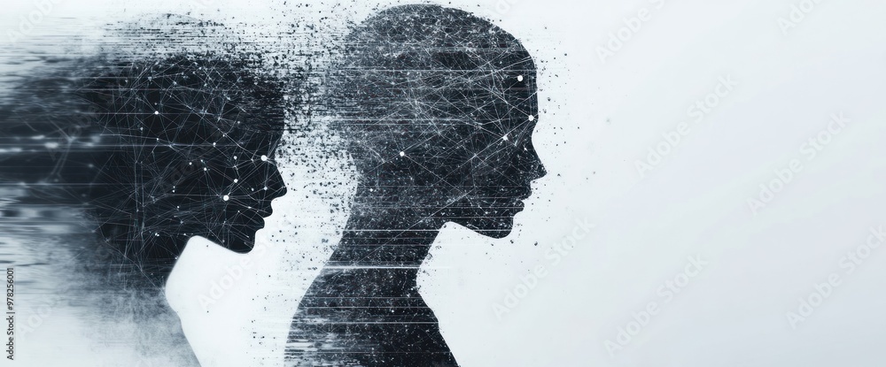 Poster silhouettes of two heads merging with digital elements, symbolizing connection and technology.