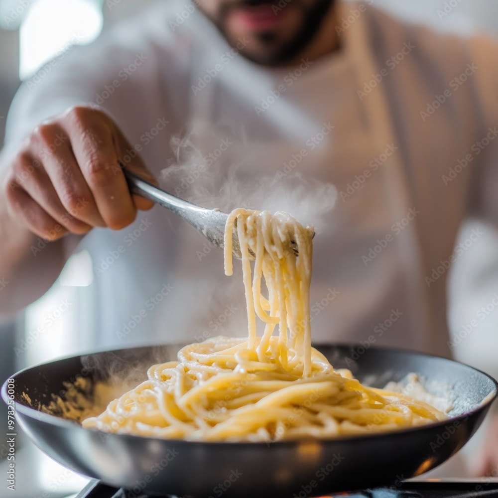 Canvas Prints A chef skillfully twirls steaming spaghetti in a frying pan.