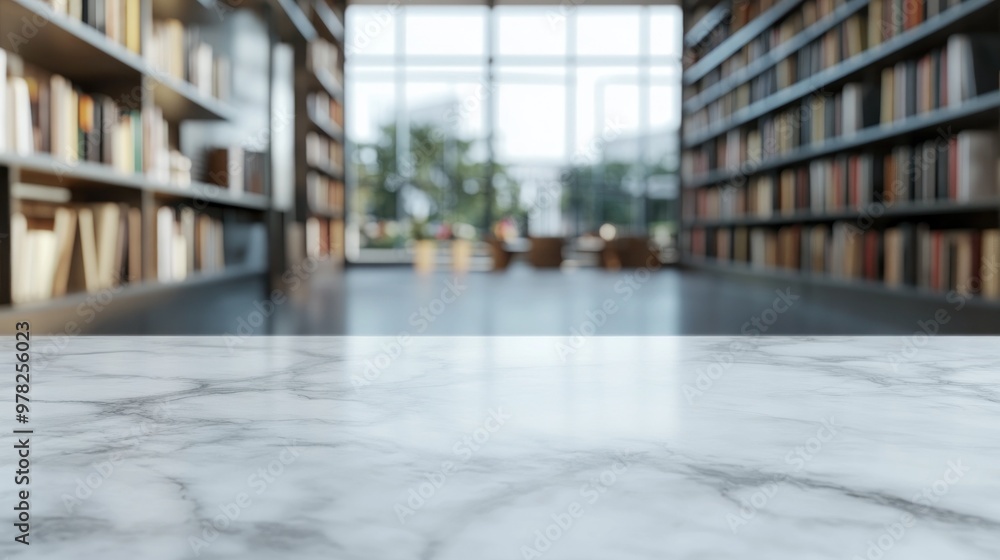 Poster A modern library interior with a marble table and bookshelves in the background.